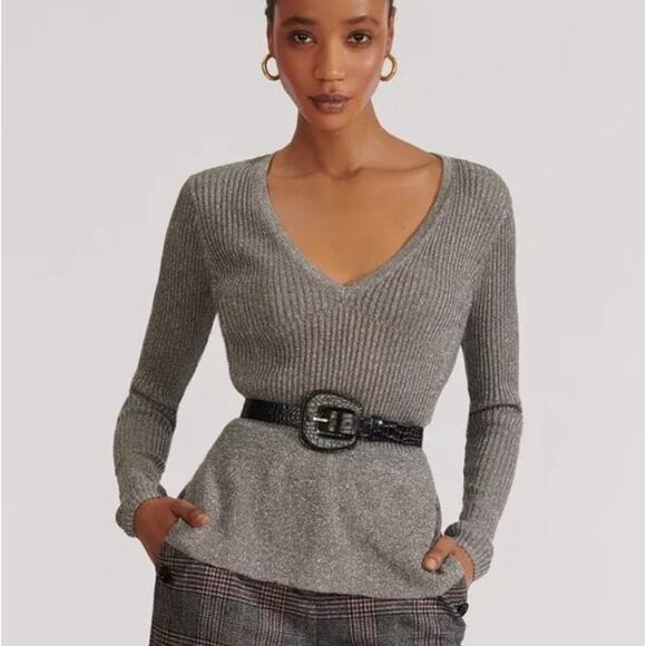 Veronica Beard Esmeralda Metallic Sweater Silver V-Neck Ribbed Knit Peplum Gray - Picture 2 of 16